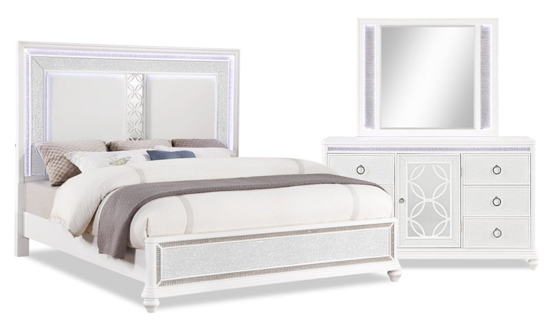 Ava 5pc Bedroom Set with Bed, Dresser & Mirror, LED, Glam, White - King Size 