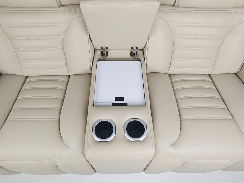 Zen 75.5\" Apricot Faux Leather Power Reclining Massage Loveseat with Refrigerator Console
