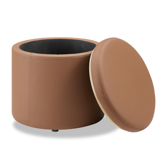 Manitoba Round Faux Leather Storage Ottoman - Brown