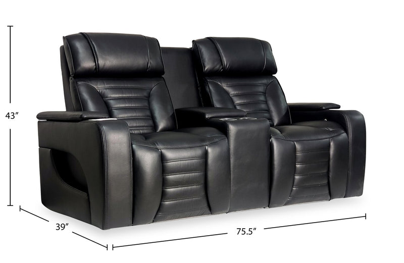 Zen 75.5\" Black Faux Leather Power Reclining Massage Loveseat with Refrigerator Console