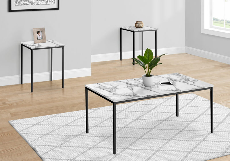 Easton 42\" Modern 3-Pack Coffee + 2 End Tables - Marble Look with Black Metal Legs