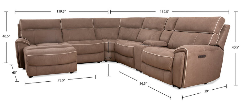 Cindy Crawford Home Newport 6-Piece Left-Facing Faux Suede Power Reclining Sectional with USB Port - Taupe 