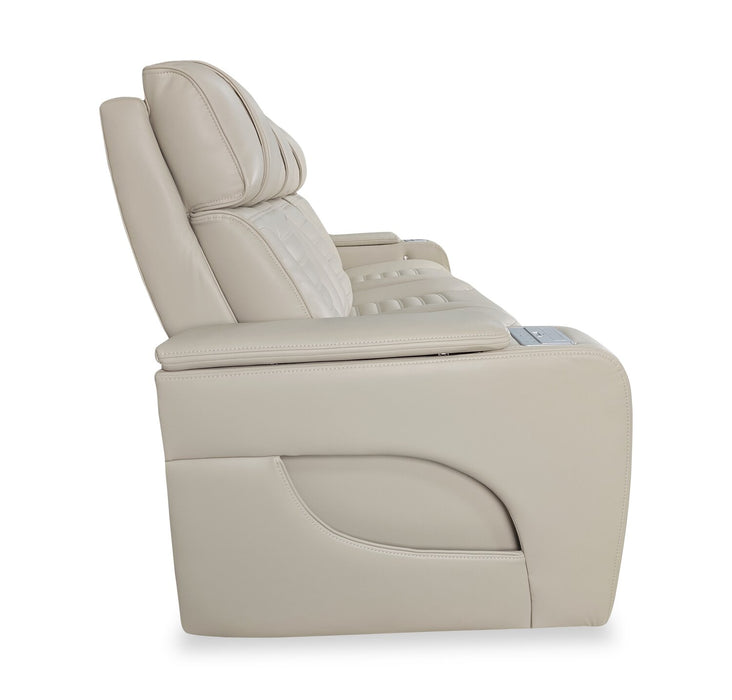 Zen 86\" Apricot Faux Leather Power Reclining Massage Sofa with Power Headrests and Drop-Down Console