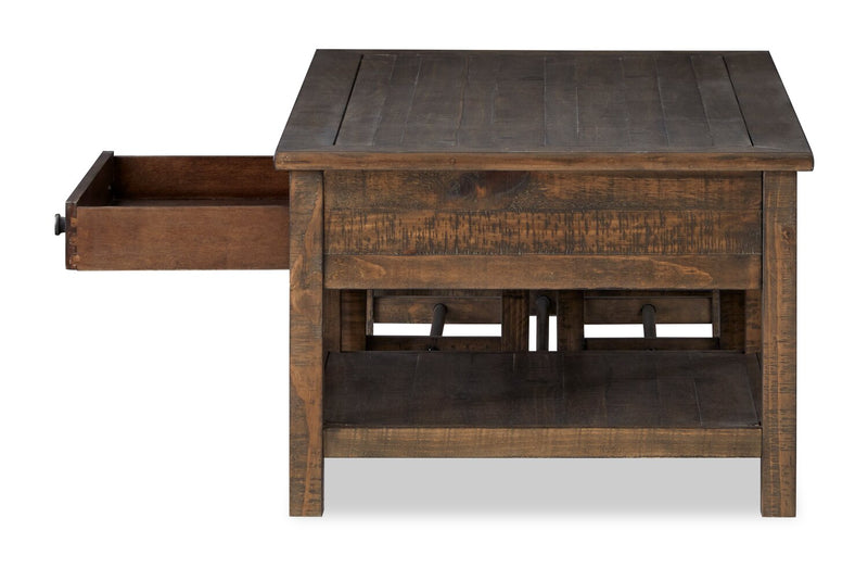 Edwin 52” Country Pine Coffee Table with Storage and Stools - Homestead Brown