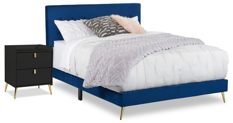 Gabi Upholstered Bed in Blue Velvet Fabric with Gold Finish Legs, Button Tufted - Queen Size 