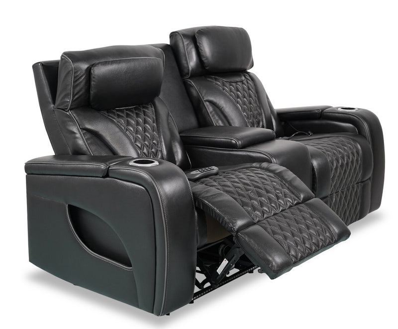 Elite Genuine Leather Power Reclining Loveseat with Massage Function - Black 
