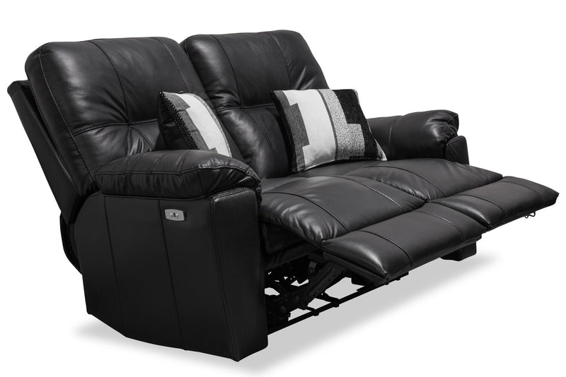 Canadian Made Dawson 64\" Genuine Leather Power Reclining Loveseat with USB Port and Accent Pillows – Black