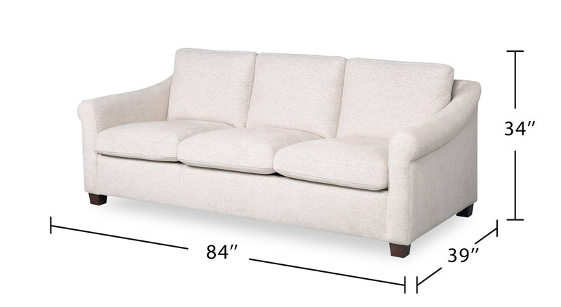 Mallie 84\" Shell White Chenille Fabric Sofa with Rolled Arms and Wood Legs