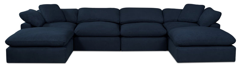 Eclipse Modular 6-Piece Linen-Look Fabric Sectional with Ottomans and Reversible Feather Down Cushions - Navy Blue 