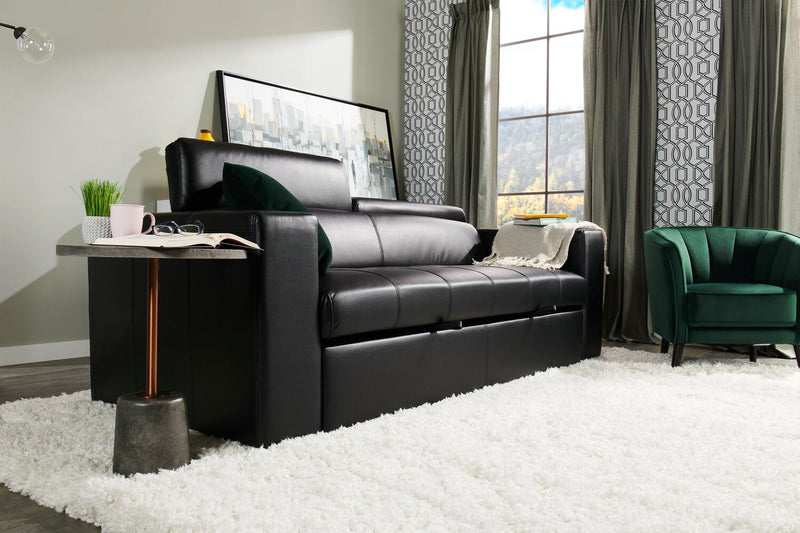 Drake 87\" Leather-Look Fabric Sleeper Sofa with Pull Out Sleeper, Flip-Up Headrests and Button Tufting - Black 