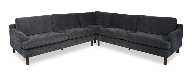Jorja 3-Piece Granite Grey Chenille Fabric Sectional with Wood Legs and Six Accent Pillows