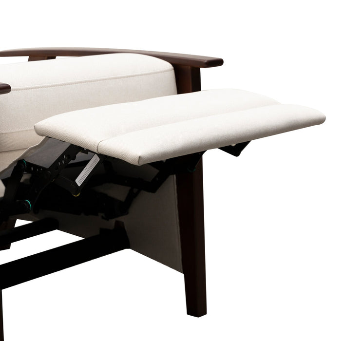 Bree 28.5\" Beige Linen-Look Fabric Pushback Reclining Accent Chair with Wood Armrests and Legs