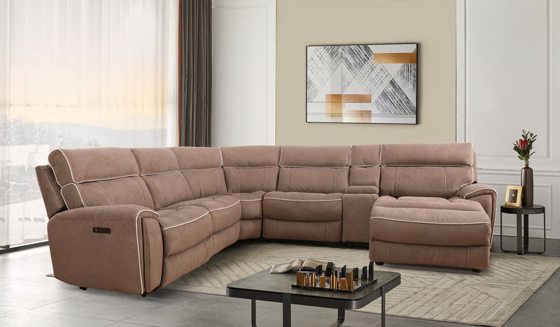 Cindy Crawford Home Newport 6-Piece Right-Facing Faux Suede Power Reclining Sectional with USB Port - Taupe 
