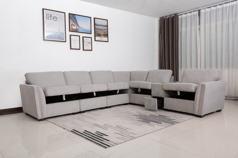 Vault 7-Piece Sectional with Five Storage Chairs and Storage USB Console - Grey
