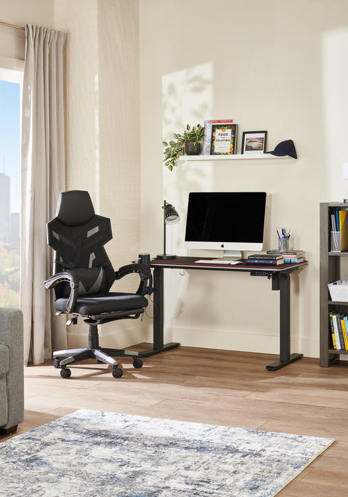 Finch 47\" Gaming Office Desk with Electric Height Adjustment and RGB Lighting – Black and Red Piping 