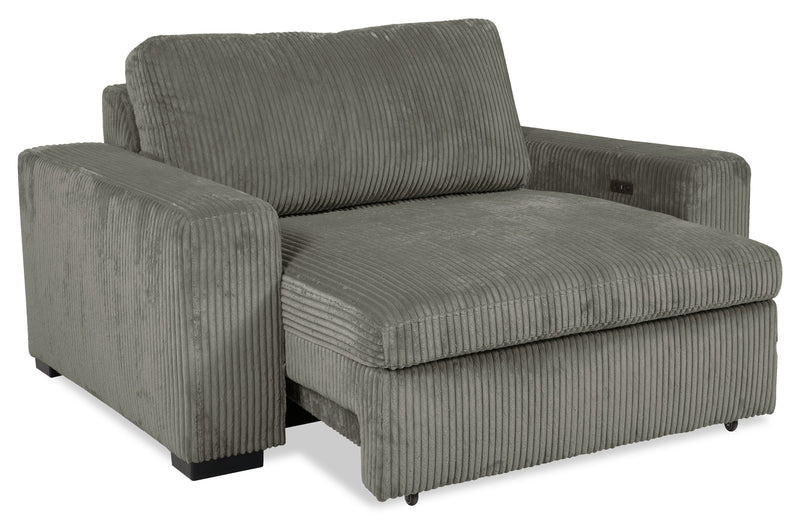 Stratus 59” Fog Grey Chenille Fabric Chair with Power Sliding Chaise and Two Accent Pillows