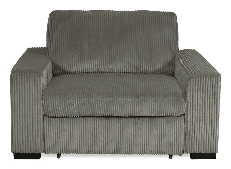 Stratus 59” Fog Grey Chenille Fabric Chair with Power Sliding Chaise and Two Accent Pillows