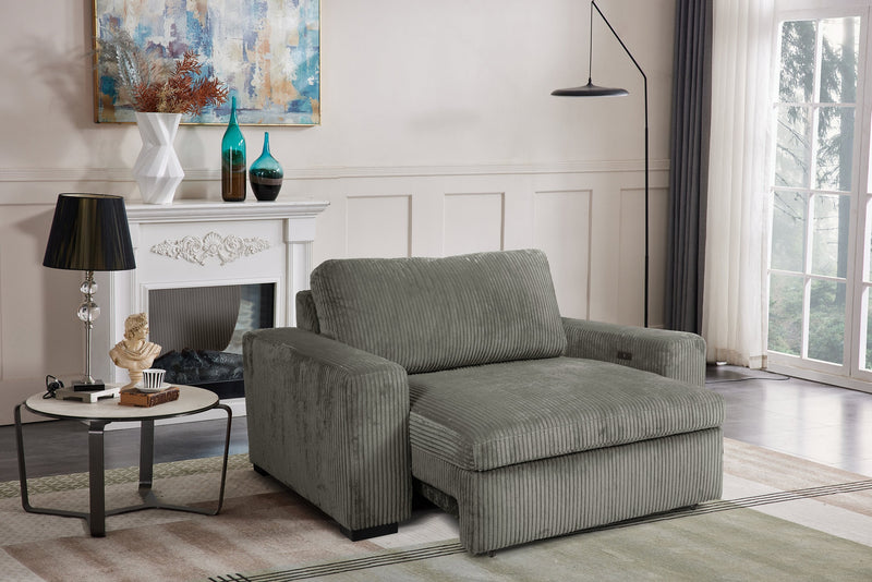 Stratus 59” Fog Grey Chenille Fabric Chair with Power Sliding Chaise and Two Accent Pillows