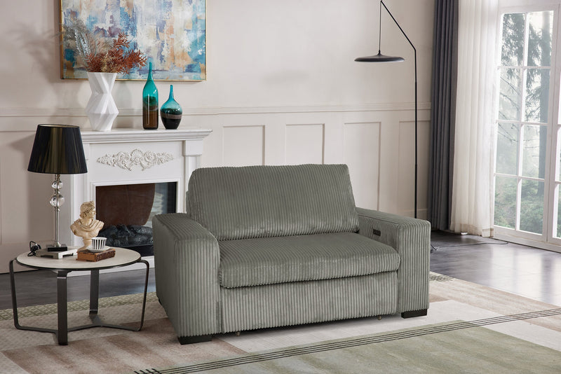 Stratus 59” Fog Grey Chenille Fabric Chair with Power Sliding Chaise and Two Accent Pillows