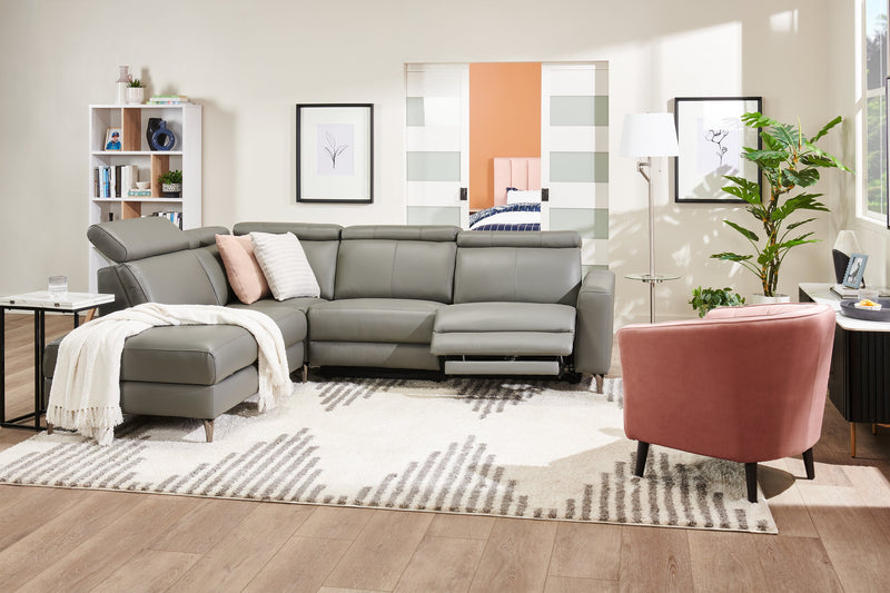 Valentino 3-Piece Left-Facing Grey Genuine Leather Power Reclining Sectional with Adjustable Headrests 
