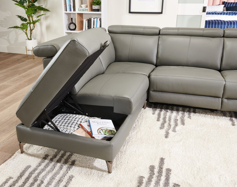 Valentino 3-Piece Left-Facing Grey Genuine Leather Power Reclining Sectional with Adjustable Headrests 