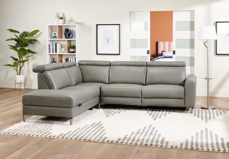 Valentino 3-Piece Left-Facing Grey Genuine Leather Power Reclining Sectional with Adjustable Headrests 