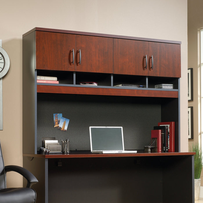 Via 59.45\" Commercial Grade Credenza Hutch with Cabinets & Cubbyholes - Cherry & Grey