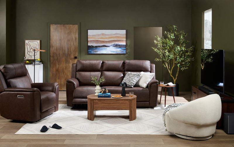 Vibe 85\" Genuine Leather Massage Power Reclining Sofa with Immersive Audio and Power Headrests - Brown