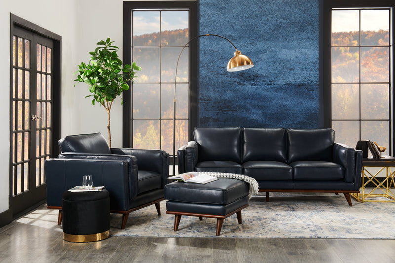 Vivia Top-Grain Genuine Leather Ottoman - Navy