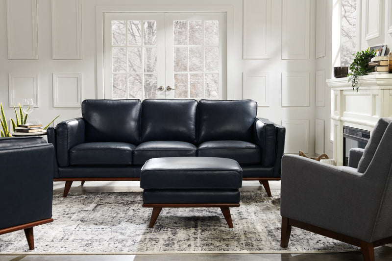 Vivia Top-Grain Genuine Leather Ottoman - Navy