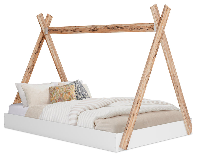 Wolf Platform Tent Bed for Kids, Two-tone White & Natural - Full Size 