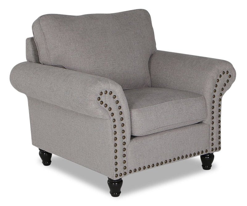 Made in Canada Wynn 47\" Chenille Fabric Chair with Nailhead Trim and Wood Bun Legs - Grey 