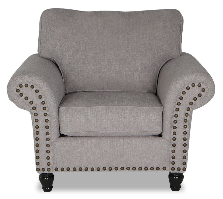 Made in Canada Wynn 47\" Chenille Fabric Chair with Nailhead Trim and Wood Bun Legs - Grey 