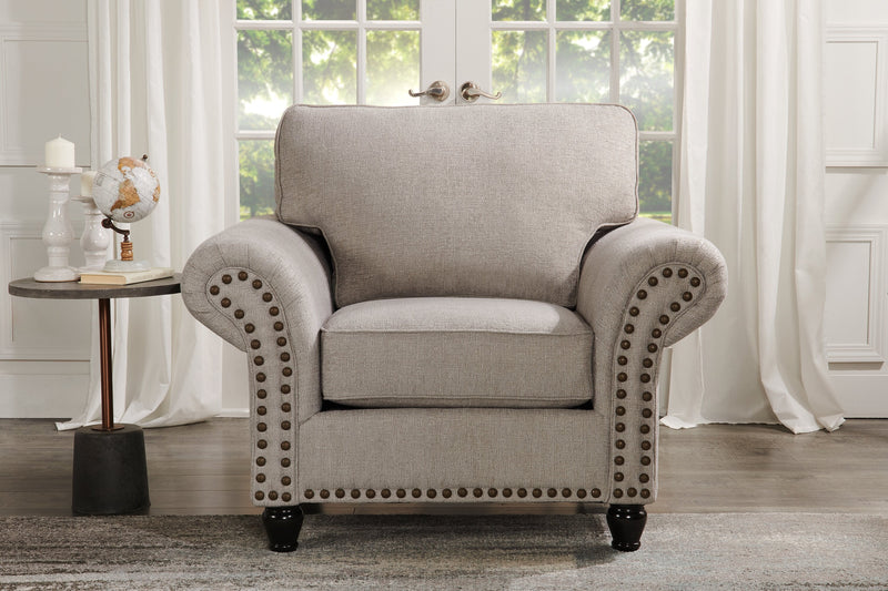 Made in Canada Wynn 47\" Chenille Fabric Chair with Nailhead Trim and Wood Bun Legs - Grey 