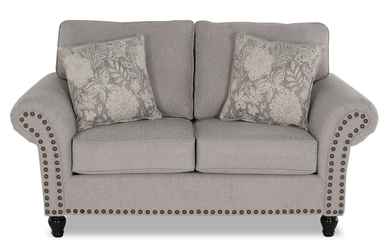 Made in Canada Wynn 70\" Chenille Fabric Loveseat with Nailhead Trim and Wood Bun Legs - Grey 