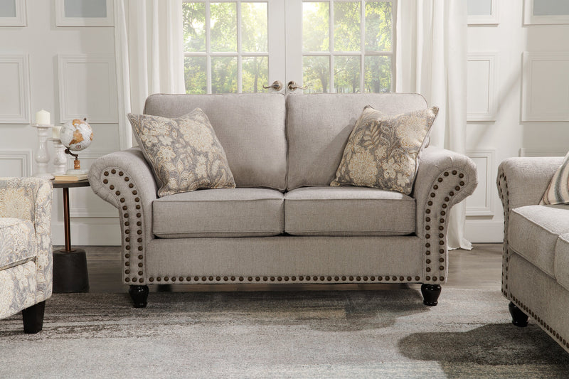 Made in Canada Wynn 70\" Chenille Fabric Loveseat with Nailhead Trim and Wood Bun Legs - Grey 