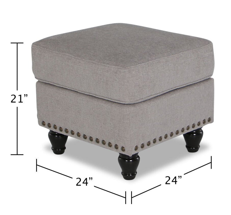 Made in Canada Wynn 24\" Chenille Fabric Ottoman with Nailhead Trim and Wood Bun Legs - Grey