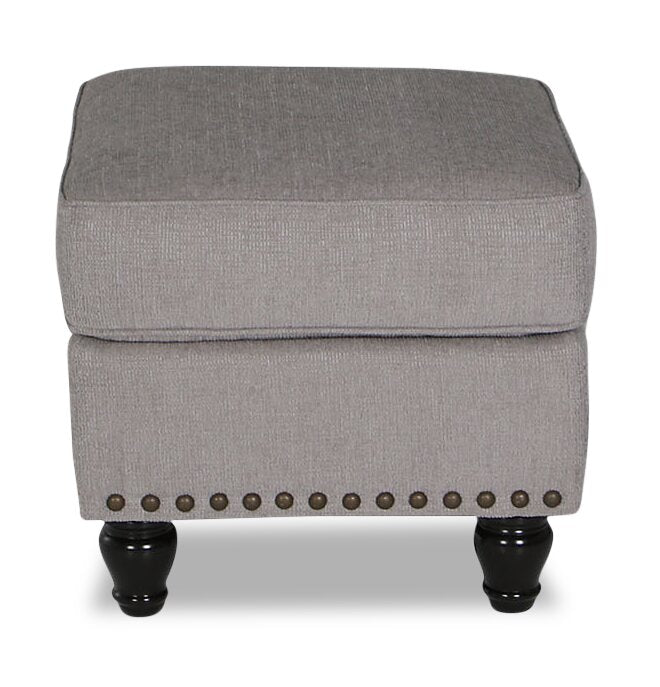 Made in Canada Wynn 24\" Chenille Fabric Ottoman with Nailhead Trim and Wood Bun Legs - Grey