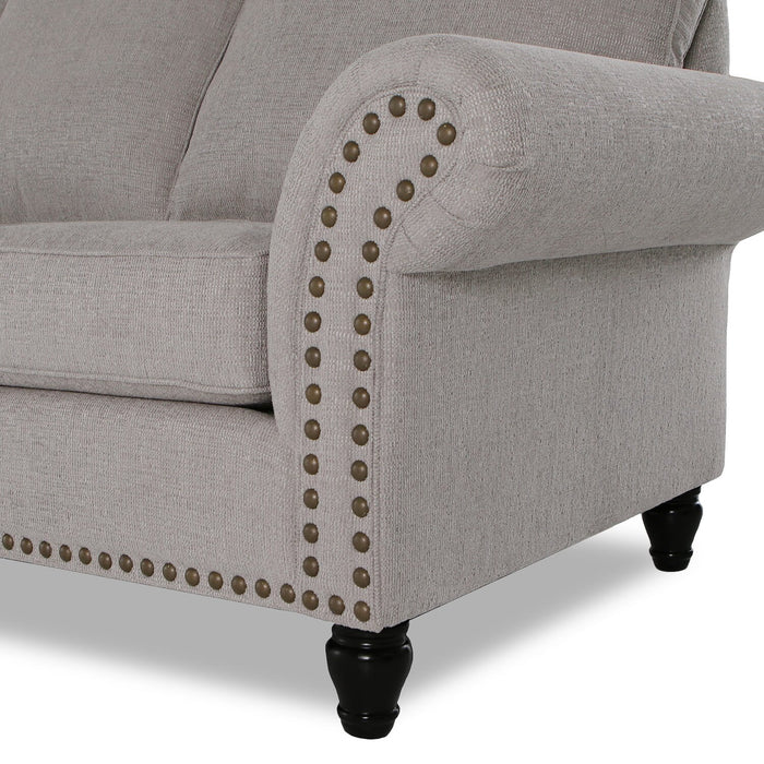 Made in Canada Wynn 93\" Chenille Fabric Sofa with Nailhead Trim and Wood Bun Legs - Grey 