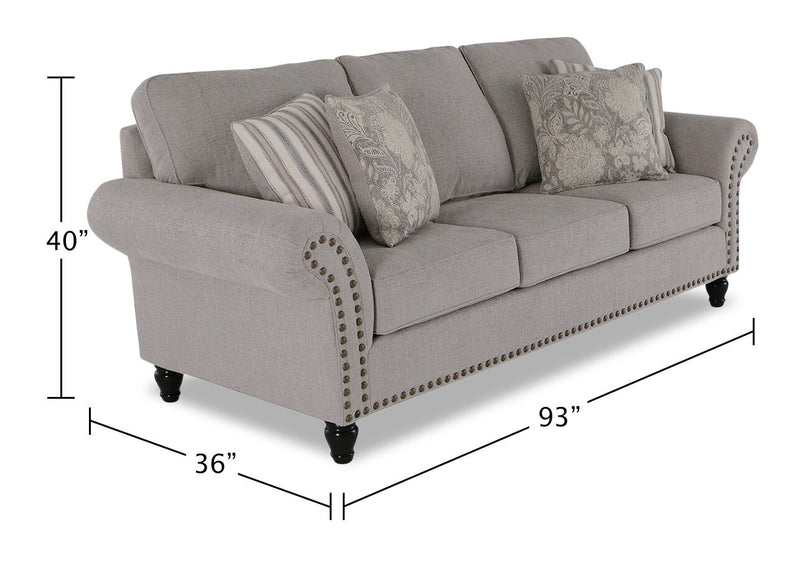 Made in Canada Wynn 93\" Chenille Fabric Sofa with Nailhead Trim and Wood Bun Legs - Grey 
