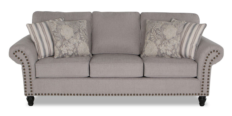 Made in Canada Wynn 93\" Chenille Fabric Sofa with Nailhead Trim and Wood Bun Legs - Grey 