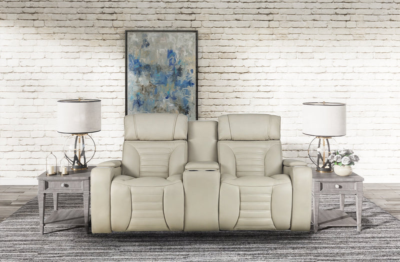 Zen 75.5\" Apricot Faux Leather Power Reclining Massage Loveseat with Refrigerator Console