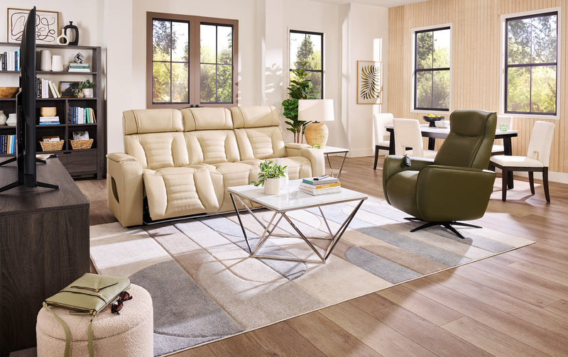 Zen 86\" Apricot Faux Leather Power Reclining Massage Sofa with Power Headrests and Drop-Down Console