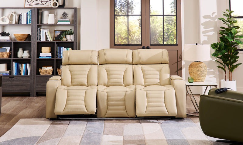 Zen 86\" Apricot Faux Leather Power Reclining Massage Sofa with Power Headrests and Drop-Down Console
