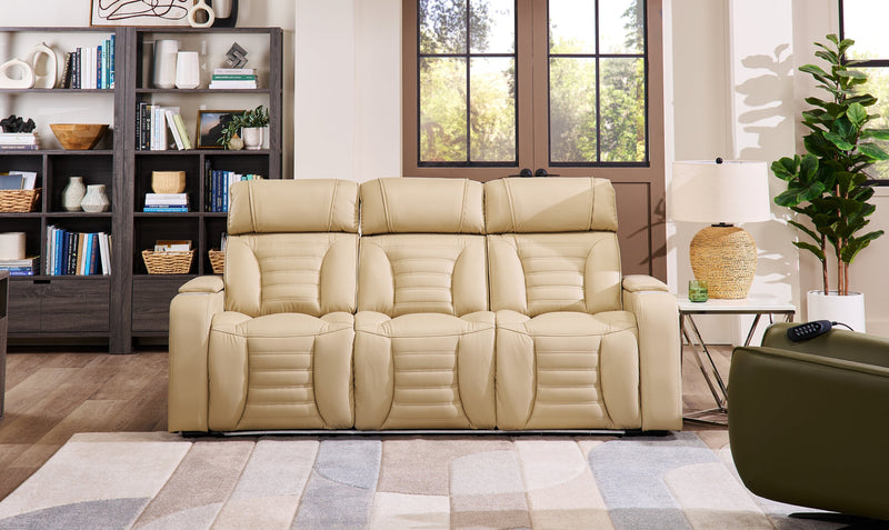Zen 86\" Apricot Faux Leather Power Reclining Massage Sofa with Power Headrests and Drop-Down Console