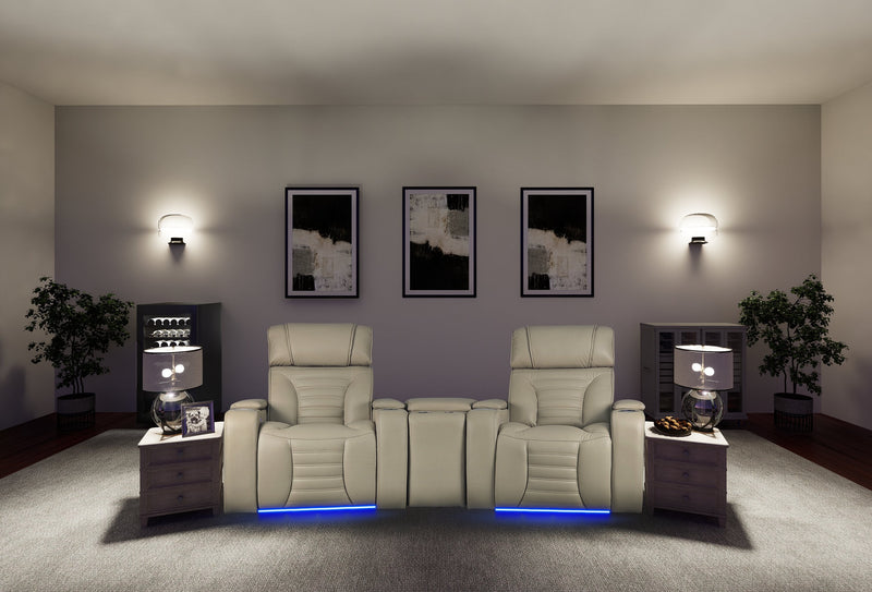 Zen 3-Piece Leather-Look Fabric Home Theatre Power Reclining Sectional with Massage and Storage Console - Apricot 