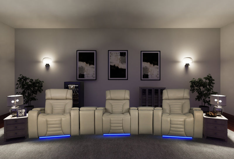 Zen 5-Piece Leather-Look Fabric Home Theatre Power Reclining Sectional with Massage - Apricot 