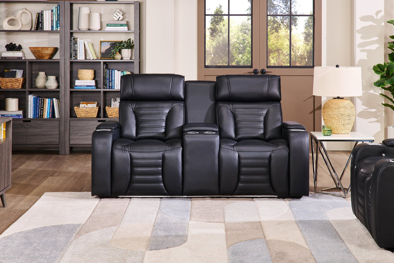 Zen 75.5\" Black Faux Leather Power Reclining Massage Loveseat with Refrigerator Console