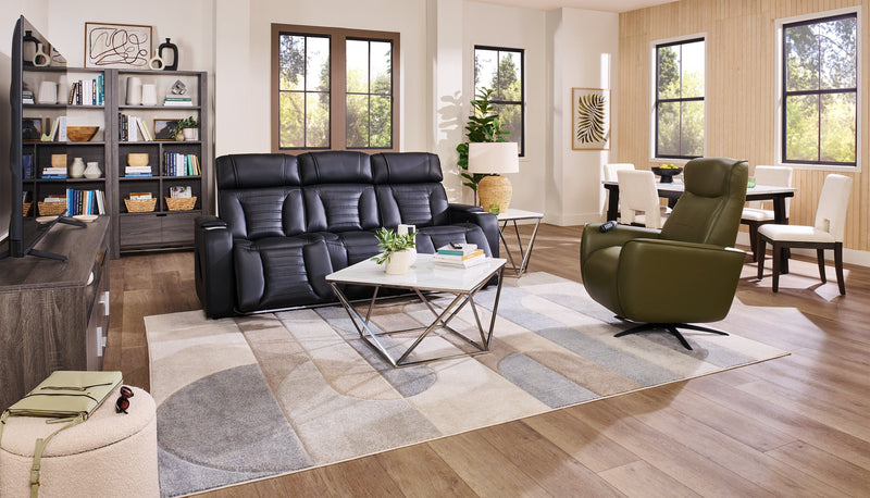 Zen 86\" Black Faux Leather Power Reclining Massage Sofa with Power Headrests and Drop-Down Console