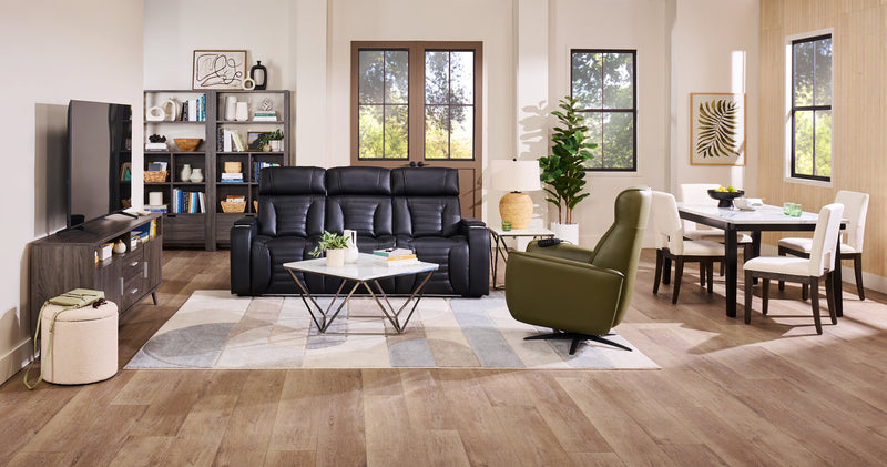 Zen 86\" Black Faux Leather Power Reclining Massage Sofa with Power Headrests and Drop-Down Console